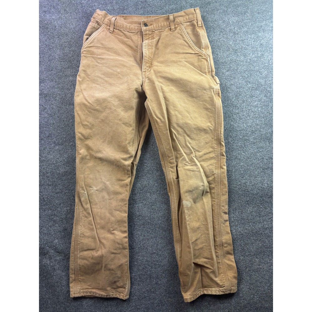 Carhartt B111 Work Pants Mens 33x34 Brown Flannel Lined Duck Canvas Distressed